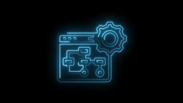 Neon style algorithm workflow process flowchart and data processing system with settings gear animation