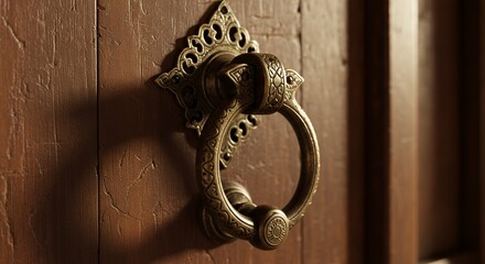 Ornate Antique Door Knocker on Wooden Door