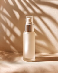 Frosted glass cosmetic bottle with palm leaf shadow.