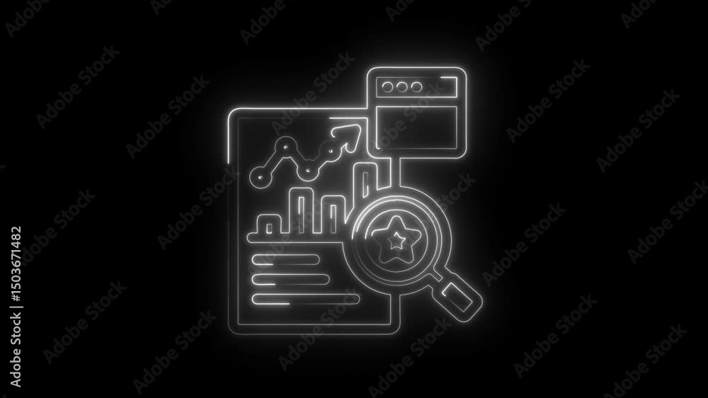 Poster neon style business analytics tools animated icon concept for reporting and data analysis