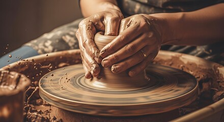 Hands Shaping Clay on Pottery Wheel Crafting Process