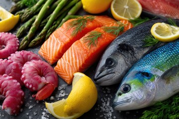 A variety of fresh fish, octopus, and crabs arranged on a gray background with space for text or design.