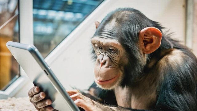 A chimpanzee engrossed in using a tablet computer.Close-up of a chimpanzee interacting with a digital device.