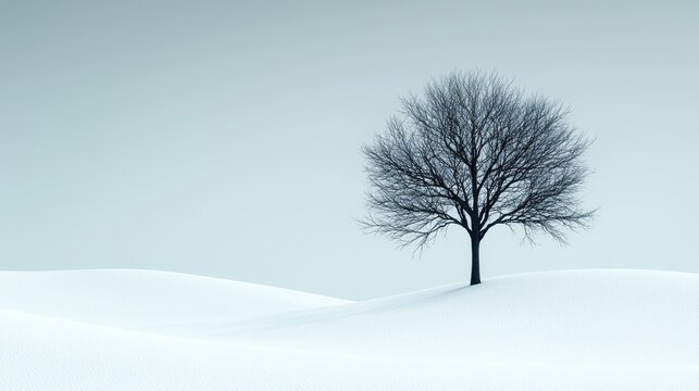 Solitary Tree on Snowy Landscape Under Soft Gray Sky - Powered by Adobe