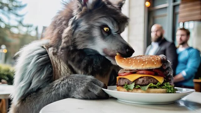 A furry werewolf enjoys a juicy burger, surrounded by the casual atmosphere a street cafe.Close-up of a werewolf's hungry expression as it bites into a double cheeseburger.