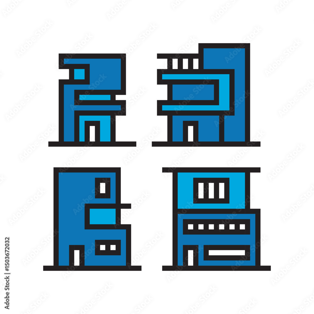 Poster geometric pixel art building structure icon set minimalist architecture