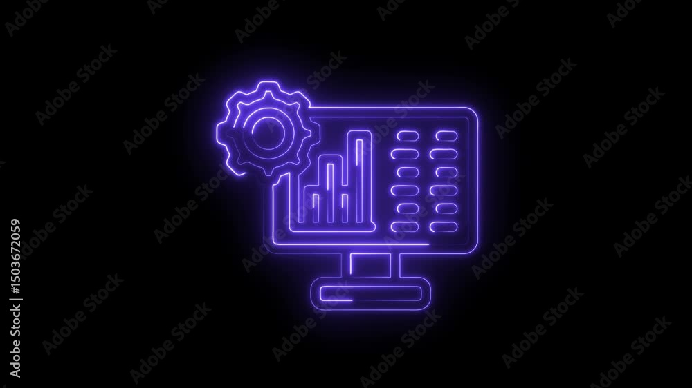 Poster glowing neon style video depicting data analysis and automation on black background