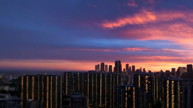 Vivid cityscape panorama at dawn with illuminated buildings under a fiery orange, purple, and blue cloudscape in the twilight hour.