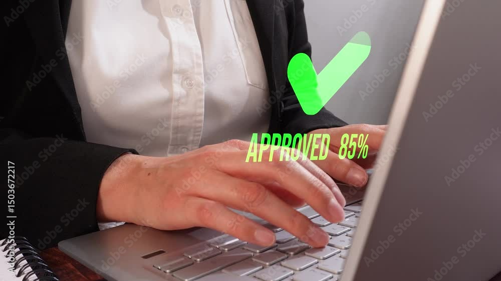 Poster woman working on computer with an animated check mark icon with percentage