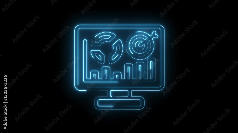 Poster glowing neon computer screen displaying business charts and target icon on black background