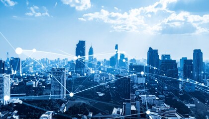 Abstract cityscape blended with digital network nodes and lines, symbolizing urban  
