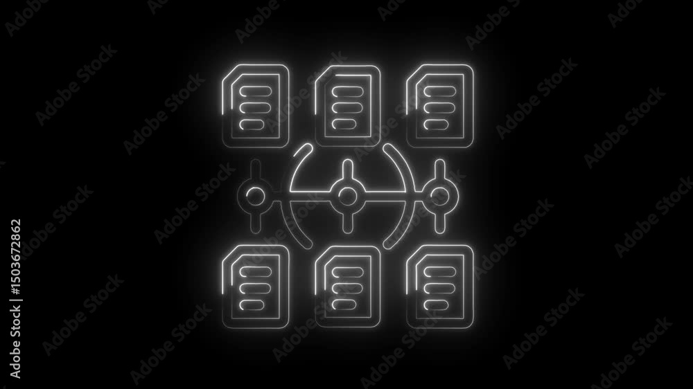 Aufkleber glowing neon data sharing network connecting document files on a black background