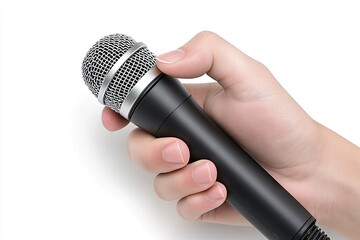 Hand holding a black microphone against a white background.