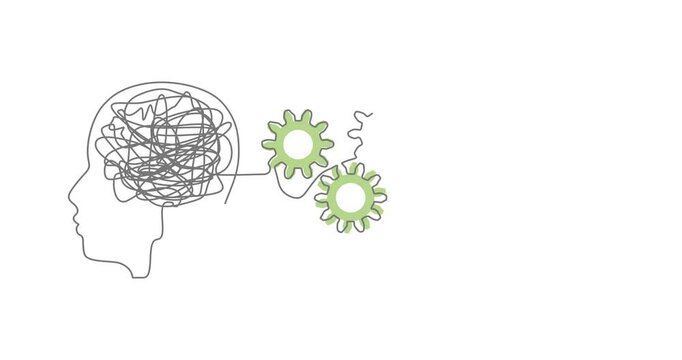Process of solving, unleashing problems animation. From a complex problem to a simple business solution. Brainstorming video. Thin line knot and spiral as brains and gears