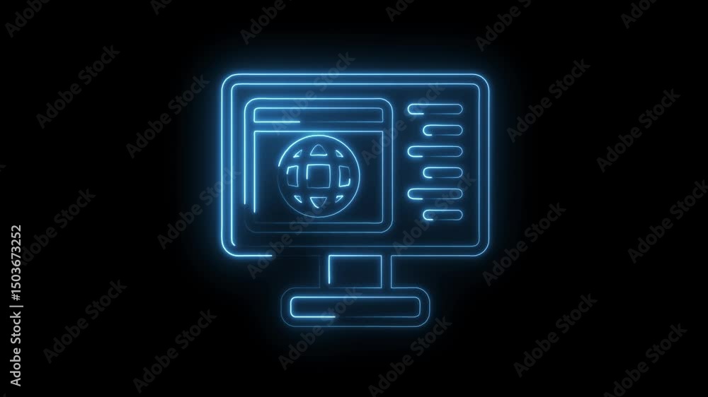 Poster glowing neon computer screen showing globe icon in futuristic style for internet