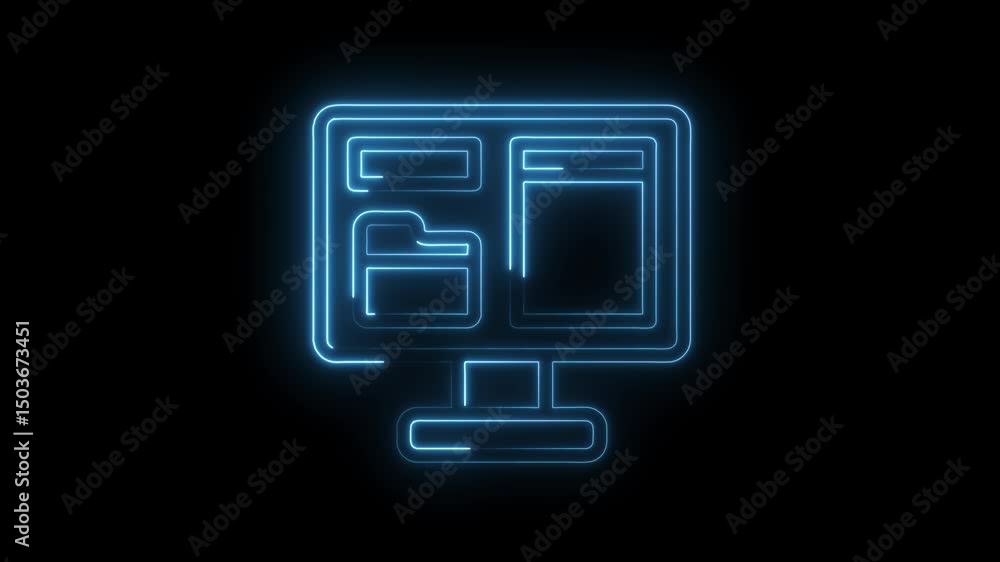 Aufkleber neon desktop computer icon animation on black background for technology and business concepts
