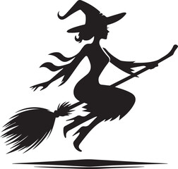black and white flying witch, flying witch silhouette vector icon, flying witch logo vector