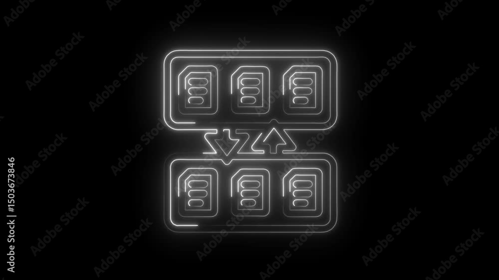Poster white neon data migration icon animation on black background data transfer concept