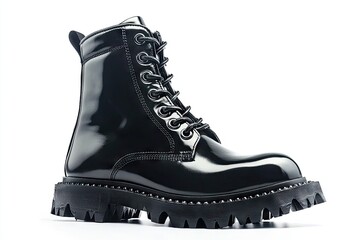 Glossy black leather combat boots with a textured sole.