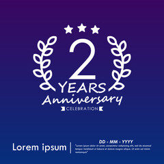 2nd years anniversary celebration emblem. congratulations anniversary logo isolated with laurel wreath and stars and ribbon on dark blue background. vector illustration template design	