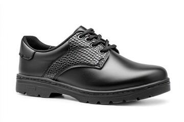 Black leather lace-up shoes with textured detail.