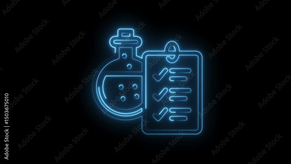 Poster blue neon outline animation of a science experiment beaker and a clipboard with checkmarks