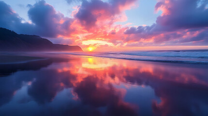 Fototapeta premium Vibrant sunset reflecting on a tranquil beach.