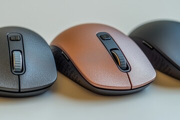 Three wireless computer mice in different colors.
