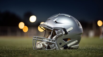 Fototapeta premium American football helmet lying on green field with cleat marks, ready for next play. Sports equipment, athletic competition, team spirit and determination in professional game.