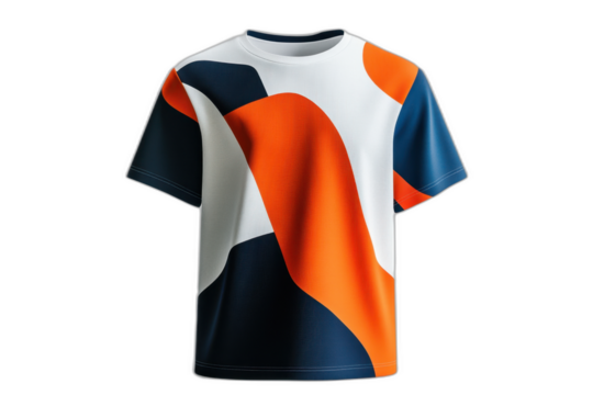 White and orange T-shirt with black and white design isolated on transparent background.