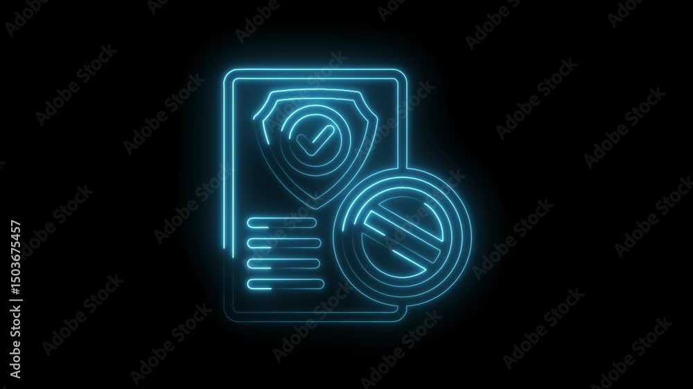 Poster neon document shield and prohibition sign animation representing security risks and data protection 