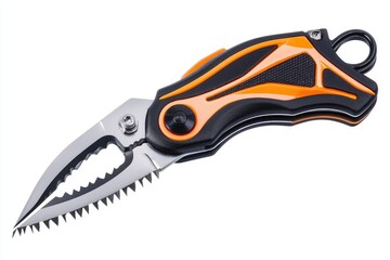 Orange and black handled fishing knife with serrated blades.