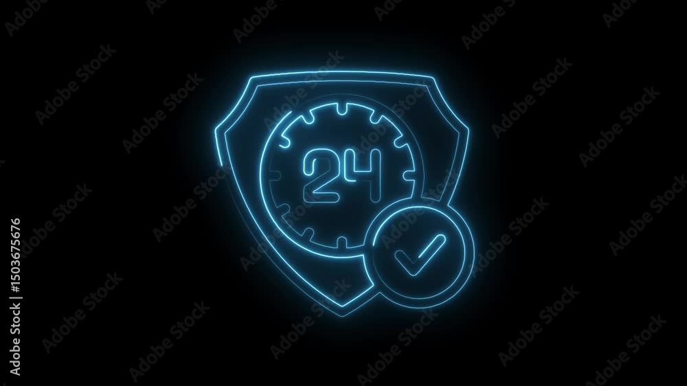 Poster neon 24 hour service shield animation loop with tick symbol on dark background