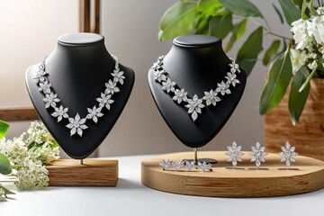 Sparkling diamond necklace and earrings set on display.