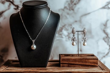 Elegant pearl necklace and earrings displayed on a mannequin.
