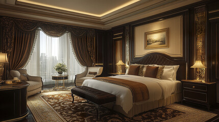 Luxurious hotel room with elegant decor, featuring plush bed and city view