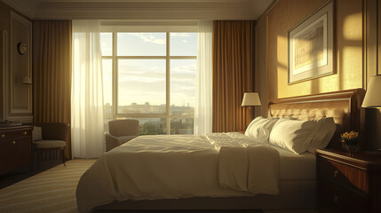 Luxurious hotel room with elegant decor and large window showcasing beautiful view