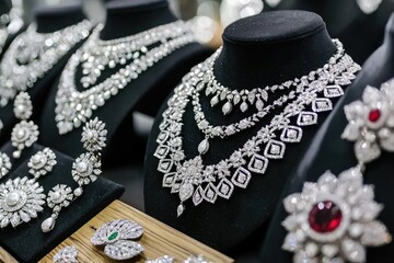 Exquisite diamond jewelry displayed on mannequins.