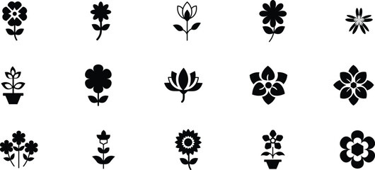 Collection of black and white plant and tree icons