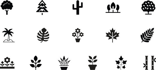 Collection of black and white plant and tree icons