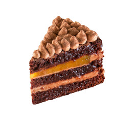Chocolate cake slice with cream topping on a transparent background