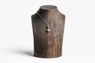 Wooden mannequin display with a pendant necklace.