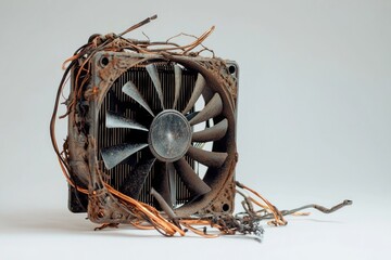 Dusty computer fan with tangled wires.