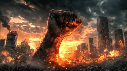 Giant Fist Emerging from a Burning City Apocalypse