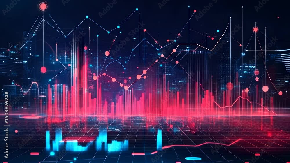 Poster dynamic abstract financial analysis and data visualization over a futuristic cityscape
