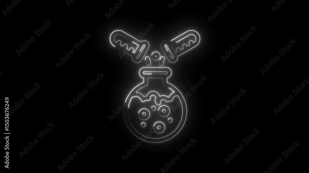 Poster neon outline of chemistry lab experiment with fluid pouring into round bottom flask