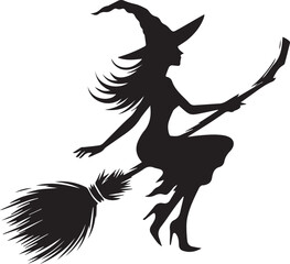 black and white flying witch, flying witch silhouette vector icon, flying witch logo vector