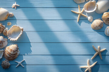 Seashells and starfish on a light blue wooden surface.
