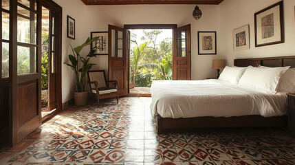 serene bedroom with large bed, wooden furniture, and vibrant tiled flooring, inviting relaxation