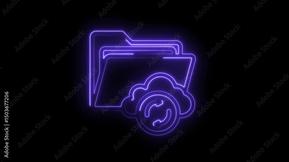 Poster neon style cloud storage sync folder icon animation on black background for technology concepts